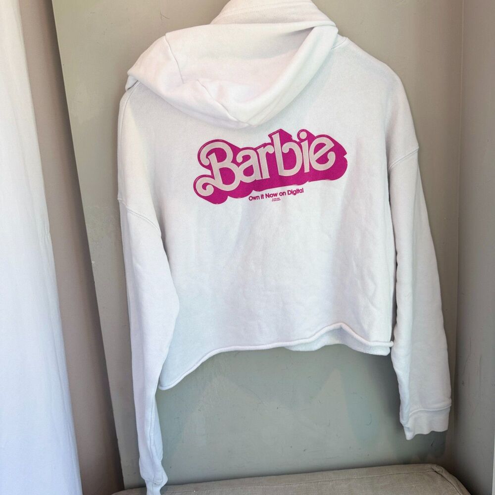 Bella + Canvas Barbie Movie Cropped Hoodie Sweatshirt Pink White Fleece L